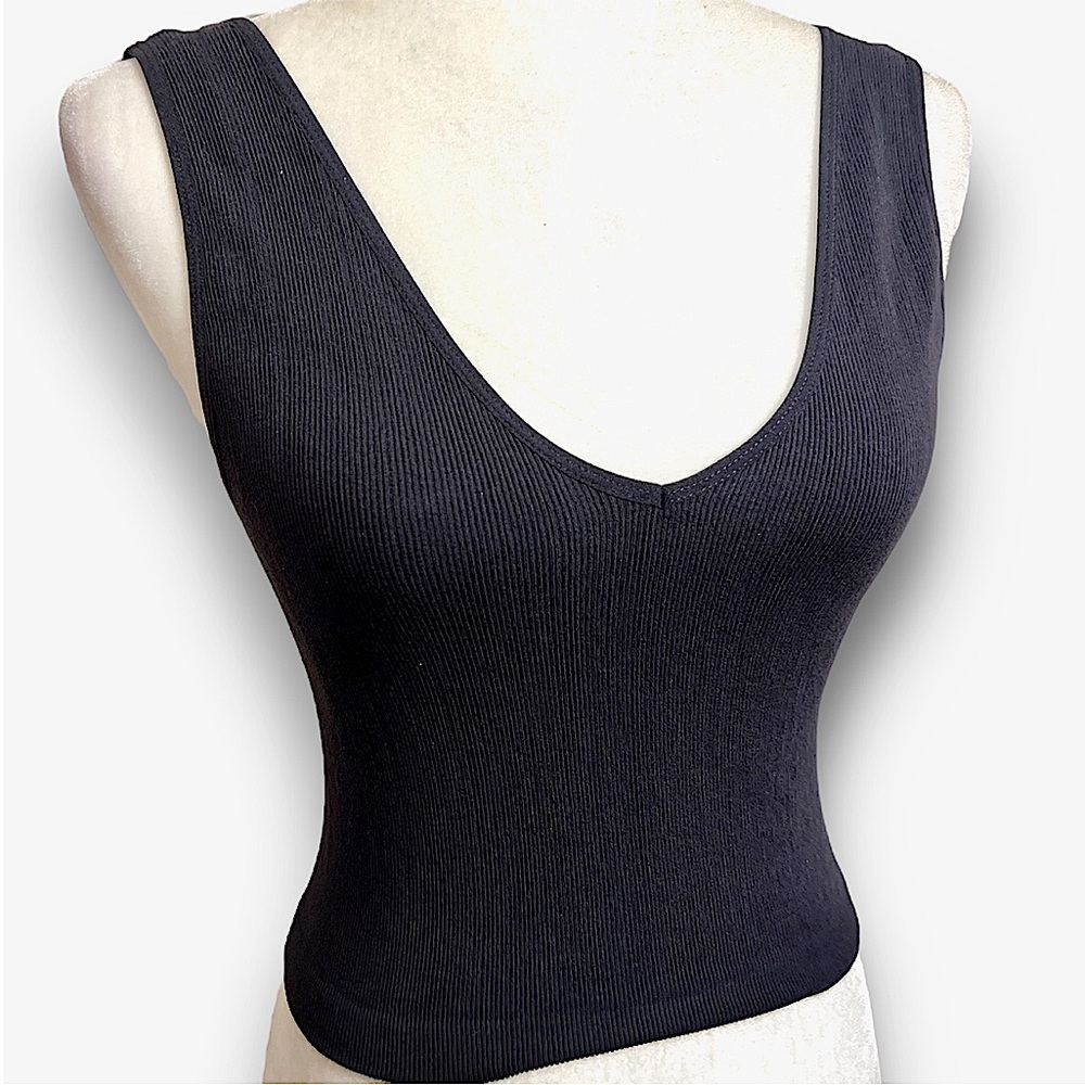 Finely Ribbed Plunge V Neck U back Brami Crop Top in Black By Together - Picture 2 of 5